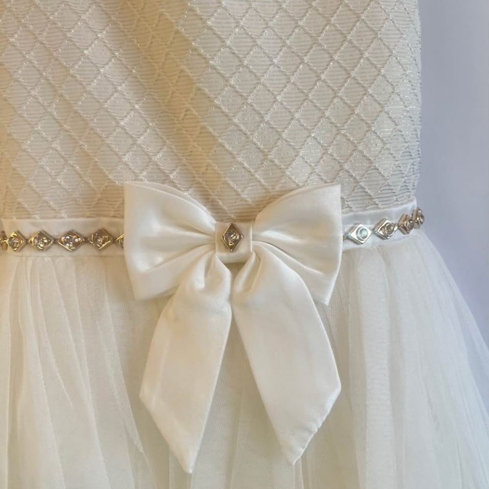 AMERICAN PRINCESS GIRLS IVORY GOLD TULE RHINESTONES BOW PARTY DRESS SIZE 6 - Picture 3 of 13
